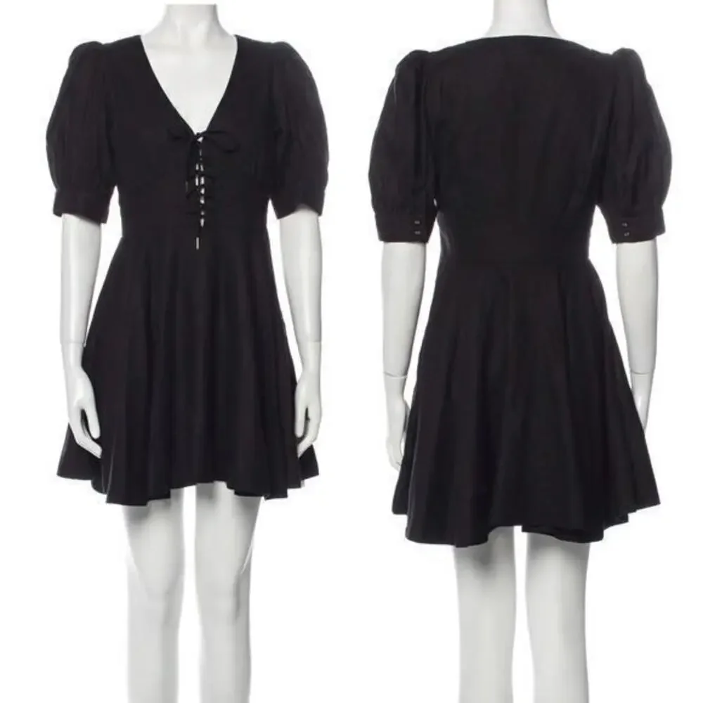 house of harlow black linen dress House of Harlow 1960 Mini Dress Puff Sleeve Tie Front Black Linen Blend Size 2